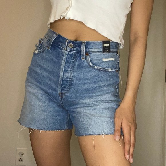 high waisted mid length denim shorts